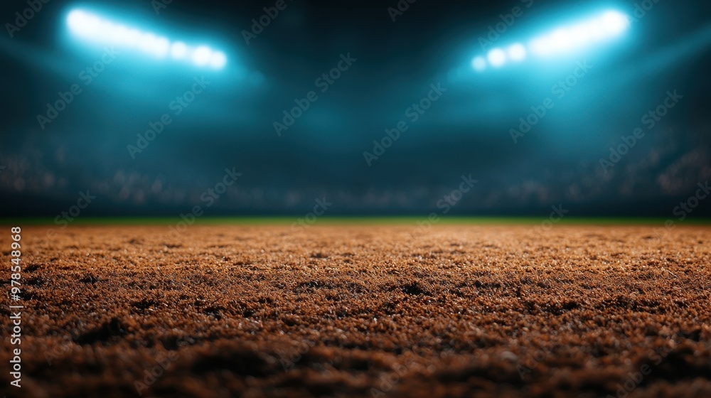 Obraz premium A detailed view of a well-maintained baseball field, illuminated by stadium lights, ready for an exciting game.