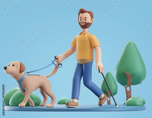 3D man with a cane walks his dog through a park, 3D illustration
