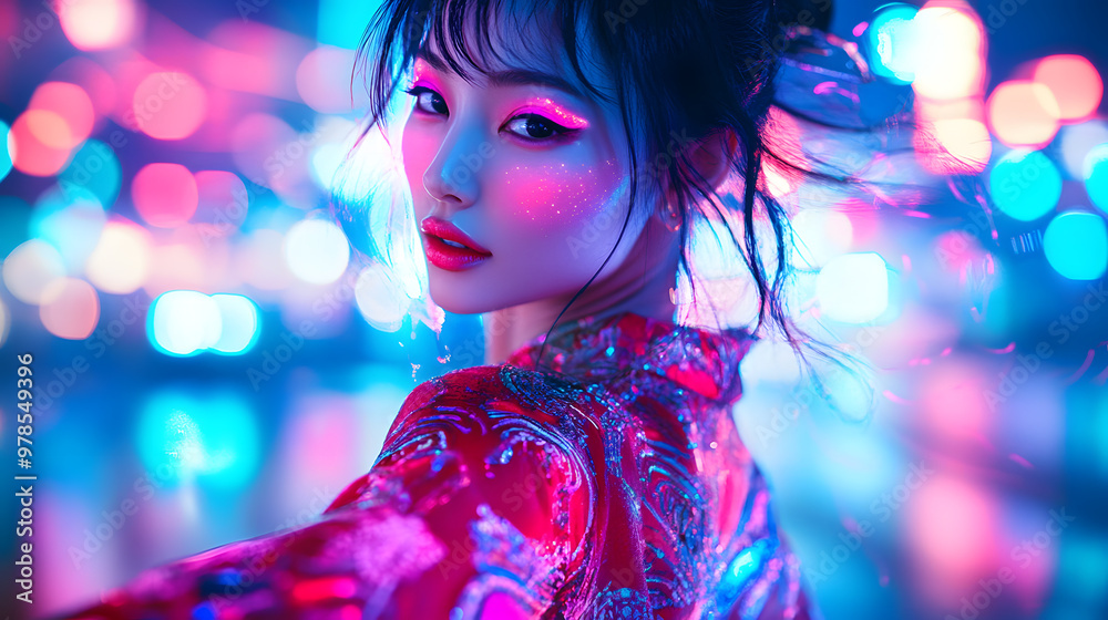 Asian woman dancing in neon light, her vibrant makeup glowing under UV, with blurred bokeh lights and a futuristic cityscape in the background.Asian fashion model with fluorescent makeup, dancing. Asian woman dancing in neon light, her vibrant makeup glowing under UV, with blurred bokeh lights and a futuristic cityscape in the background.Asian fashion model with fluorescent makeup, dancing.