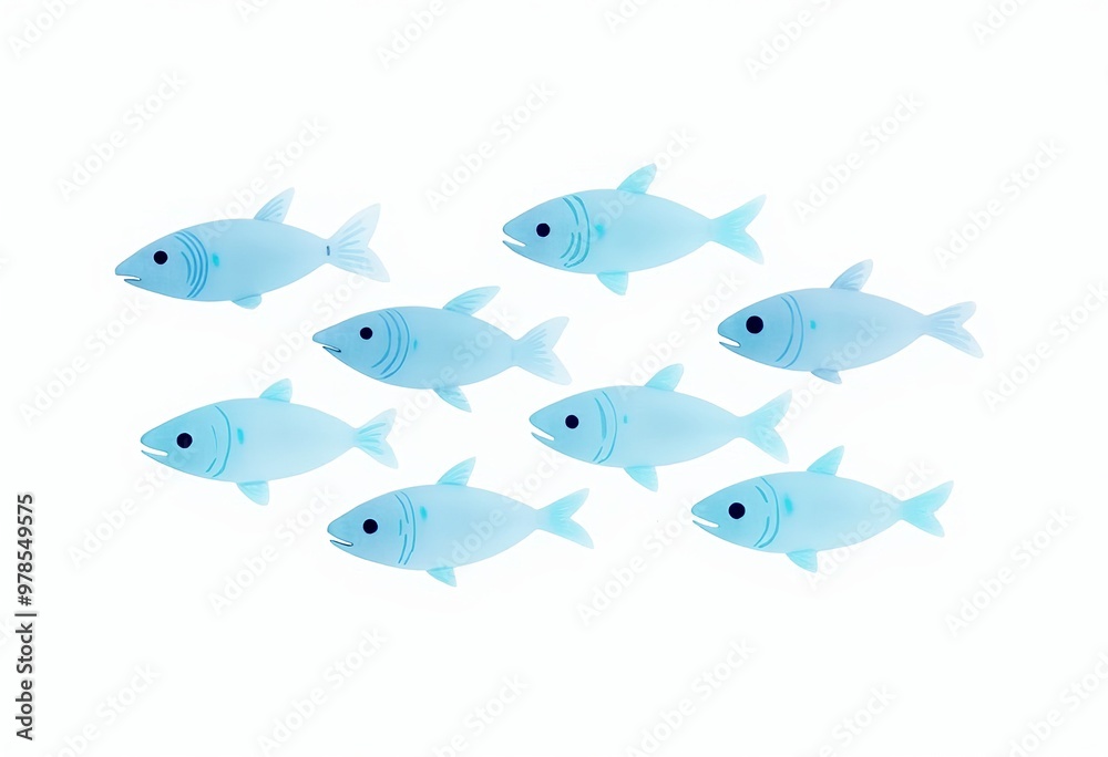Fototapeta premium Abstract Blue Fish Illustration: A School of Small Fish Against a White Background 