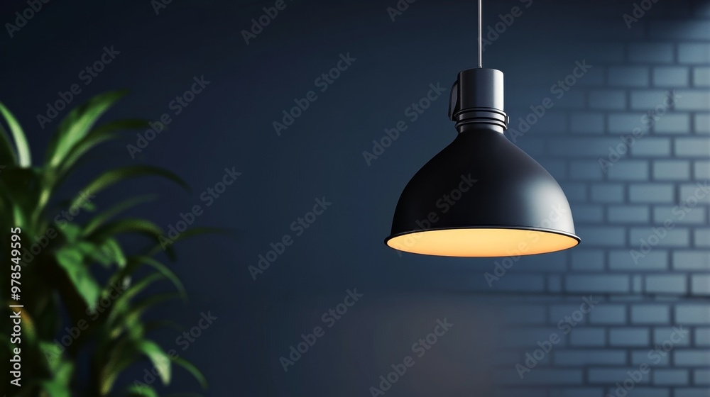 Obraz premium A modern black pendant lamp illuminates a cozy room with dark walls and greenery, enhancing the ambiance of contemporary design.