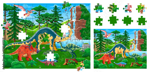Jigsaw puzzle game pieces with prehistoric dinosaurs landscape, vector worksheet. Kids jigsaw puzzle game to find and match cutout pieces of picture wit Jurassic dinosaurs and funny dino lizards