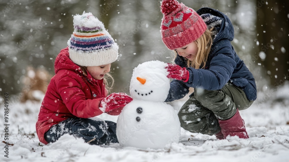 Two Children Building a Snowman in a Snowy Forest Two Children Building a Snowman in a Snowy Forest