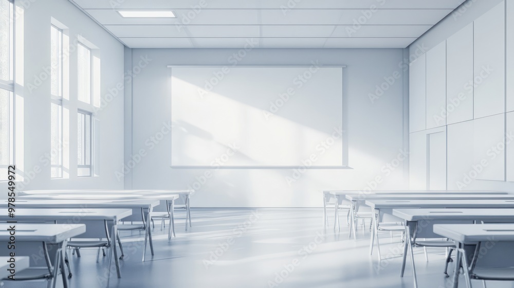 A bright, minimalistic classroom with desks and a projector screen. A bright, minimalistic classroom with desks and a projector screen.