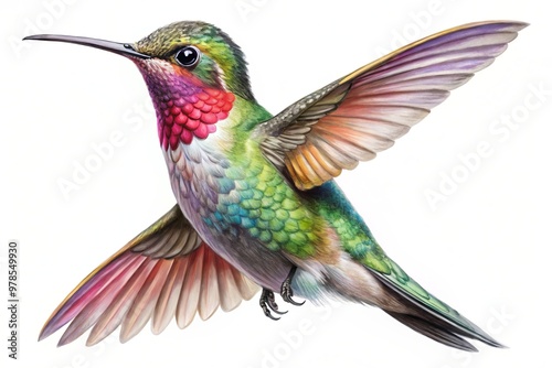 "Draw a hummingbird's slender neck, flapping wings, and iridescent feathers step by step, from beak to tail, focusing on details and textures."