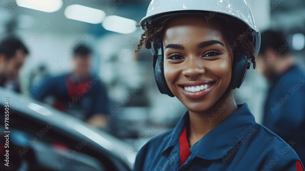 African American auto mechanic wearing a helmet, smiling as he inspects a car’s engine in the foreground, with a team of smiling engineers in the blurred background working in a mechanics garage. African American auto mechanic wearing a helmet, smiling as he inspects a car’s engine in the foreground, with a team of smiling engineers in the blurred background working in a mechanics garage.