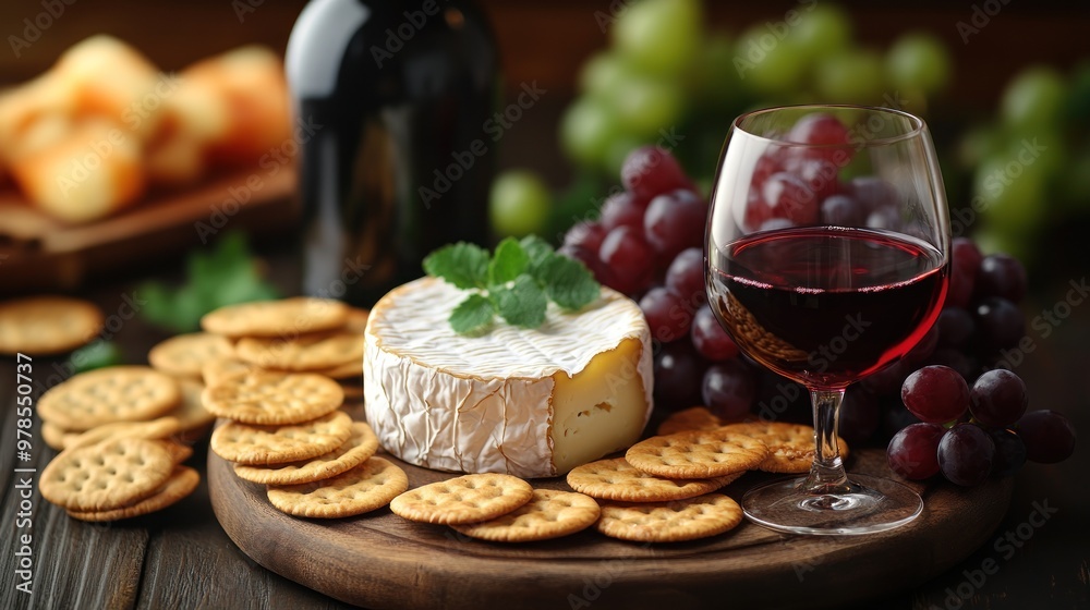 A cozy arrangement of cheese, crackers, wine, and grapes. A cozy arrangement of cheese, crackers, wine, and grapes.