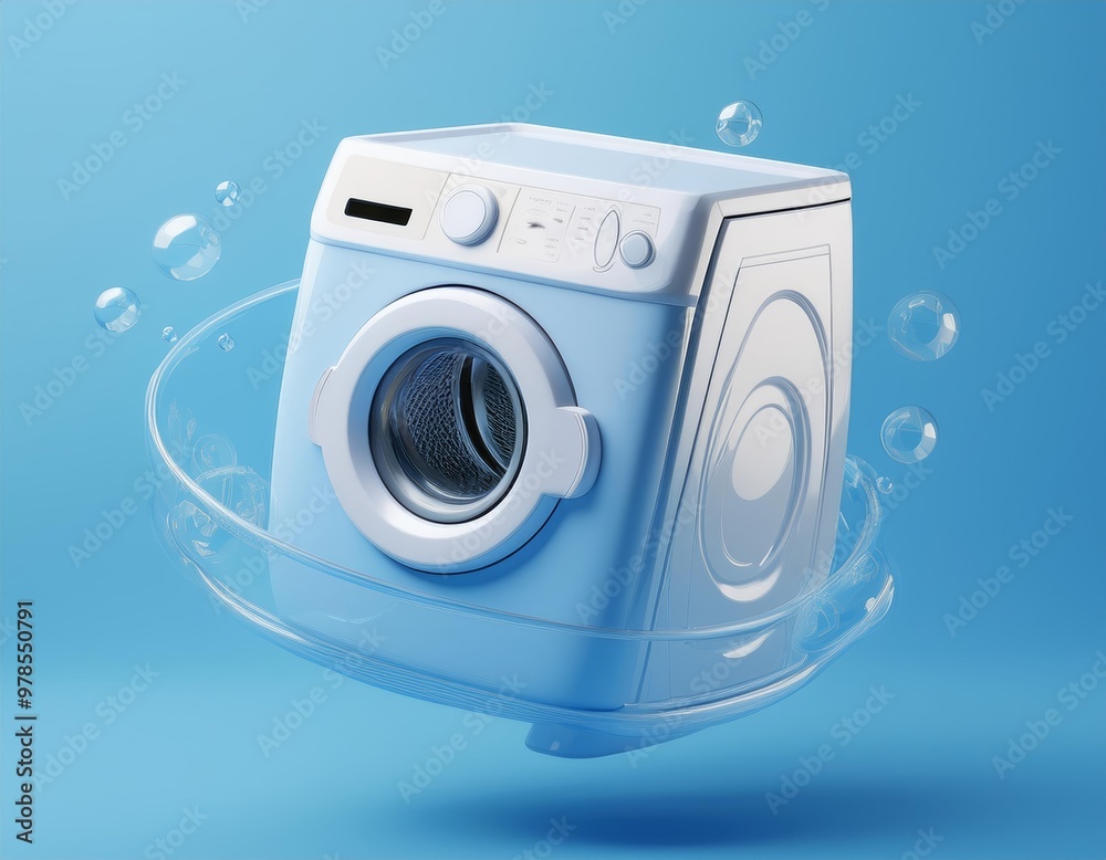 3D washing machine floats on a wave of bubbles, 3D illustration 3D washing machine floats on a wave of bubbles, 3D illustration