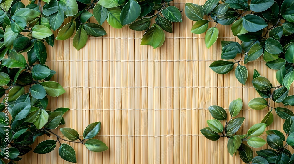 Fresh Natural Green Leaves Border on a Bamboo Mat Background : Generative AI Fresh Natural Green Leaves Border on a Bamboo Mat Background : Generative AI