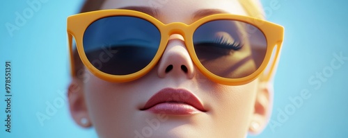 A stylish woman wearing oversized sunglasses, exuding confidence against a bright blue sky backdrop.