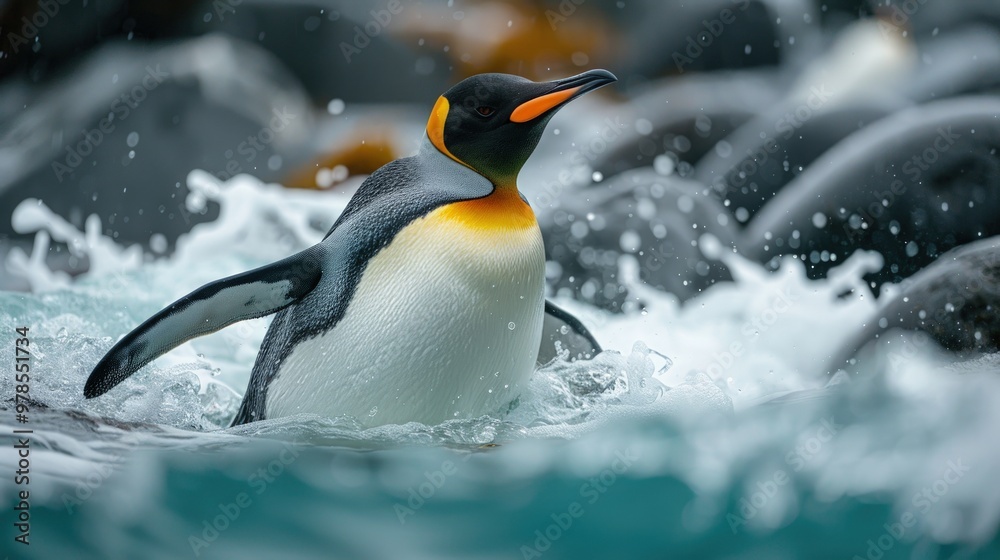 Fototapeta premium A King penguin wades through the surf, its black and white plumage contrasting with the turquoise water and the grey rocks.