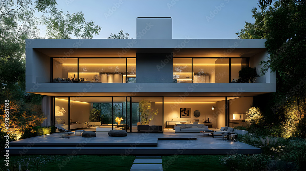 Modern Home Design: A Concrete Structure with Large Windows and a Patio Modern Home Design: A Concrete Structure with Large Windows and a Patio