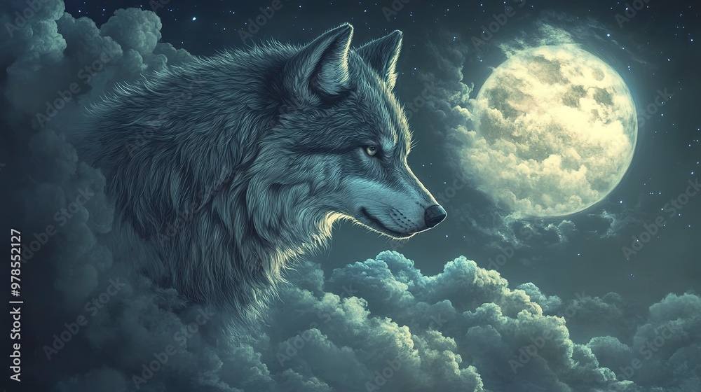 wolf, cloud and moon , pastel wolf, cloud and moon , pastel
