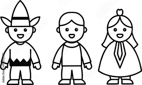 Kids in Pilgrim and Native American Costumes Vector Illustration for Coloring
