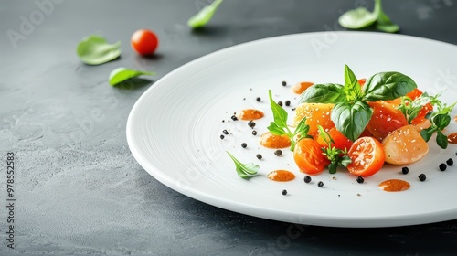 A visually appealing dish featuring fresh tomatoes, basil, and microgreens on a white plate against a modern backdrop.