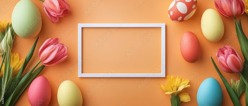 A festive Easter card design showcases a white square frame surrounded by colorful eggs and beautiful flowers against a soft pastel orange backdrop, perfect for spring celebrations A festive Easter card design showcases a white square frame surrounded by colorful eggs and beautiful flowers against a soft pastel orange backdrop, perfect for spring celebrations