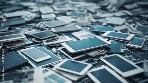 A clutter of various smartphones and tablets scattered on a surface.