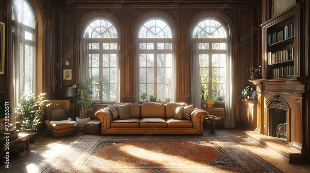 Sunlight Streams Through Arched Windows in a Cozy Living Room Sunlight Streams Through Arched Windows in a Cozy Living Room