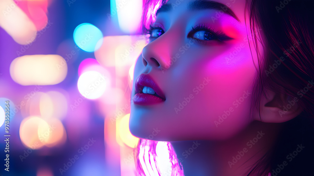 Asian woman dancing in neon light, her vibrant makeup glowing under UV, with blurred bokeh lights and a futuristic cityscape in the background.Asian fashion model with fluorescent makeup, dancing. Asian woman dancing in neon light, her vibrant makeup glowing under UV, with blurred bokeh lights and a futuristic cityscape in the background.Asian fashion model with fluorescent makeup, dancing.