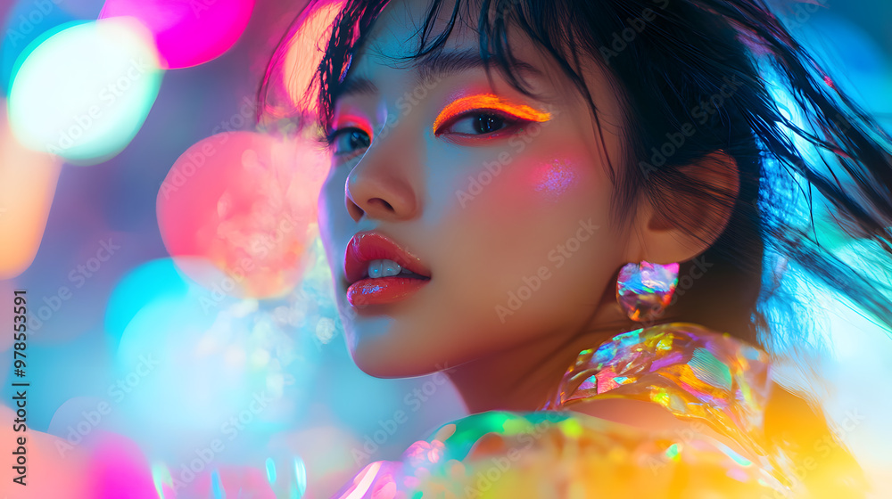 Fototapeta premium Asian woman dancing in neon light, her vibrant makeup glowing under UV, with blurred bokeh lights and a futuristic cityscape in the background.Asian fashion model with fluorescent makeup, dancing.