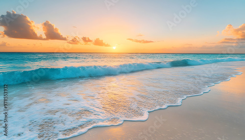 Crystal-clear turquoise waters with gentle waves lapping at a pristine beach under a golden sunset