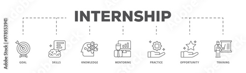 Internship infographic icon flow process which consists of goal, skills, knowledge, mentoring, practice, opportunity, and training icon live stroke and easy to edit 