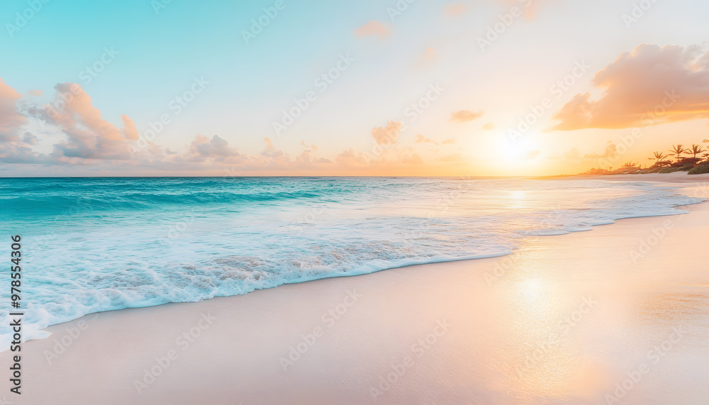 Crystal-clear turquoise waters with gentle waves lapping at a pristine beach under a golden sunset Crystal-clear turquoise waters with gentle waves lapping at a pristine beach under a golden sunset