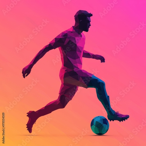 Dynamic low-poly soccer player dribbling a colorful ball against a vibrant background, showcasing athleticism and modern design.