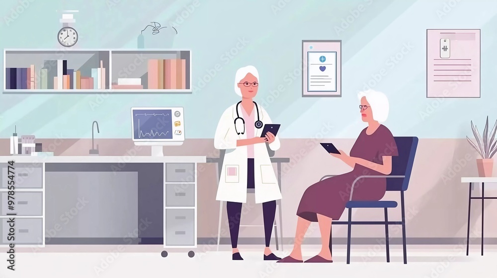 Caring doctor teaches female patient to use mobile healthcare app cartoon illustration Caring doctor teaches female patient to use mobile healthcare app cartoon illustration