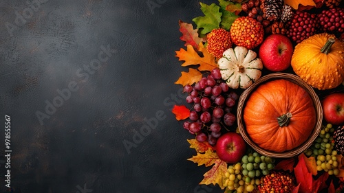 Wallpaper Mural A vibrant arrangement of autumn fruits and vegetables, showcasing pumpkins, apples, and colorful leaves against a dark background. Torontodigital.ca
