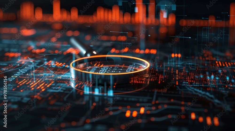 © sorin - Magnifying glass over digital financial charts representing market research and data analysis © sorin - Magnifying glass over digital financial charts representing market research and data analysis