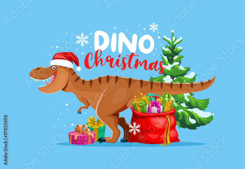 Dino Christmas greetings, T-rex dinosaur Santa with gifts for winter holiday, cartoon vector. Jurassic dino lizard or happy tyrannosaurus Rex as Santasaurus with Christmas pine tree, snowflakes