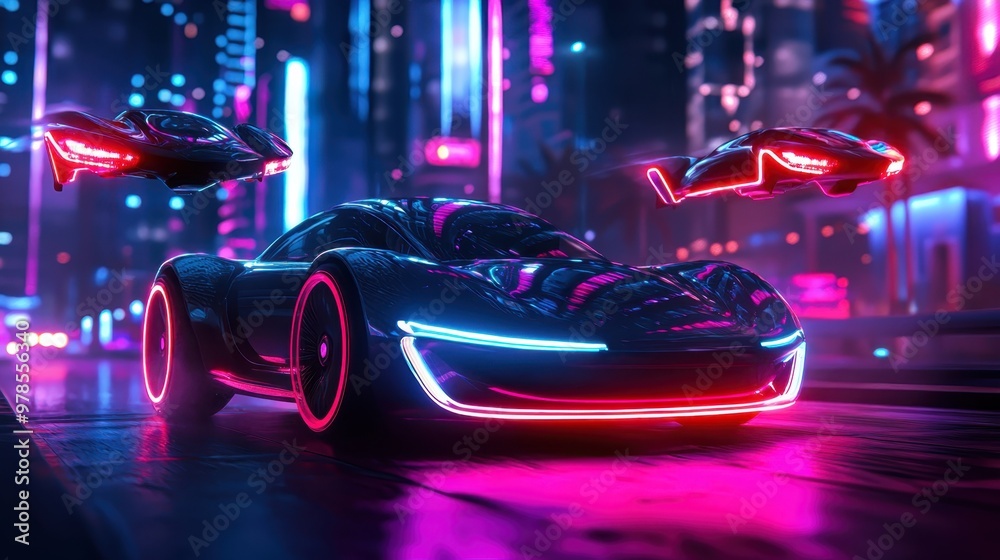 Technologically Advanced City of Tomorrow - Flying Cars and Neon Lights with Copy Space for Text
