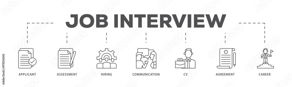 Job interview infographic icon flow process which consists of applicant, assessment, hiring, communication, cv, agreement and career icon live stroke and easy to edit Job interview infographic icon flow process which consists of applicant, assessment, hiring, communication, cv, agreement and career icon live stroke and easy to edit