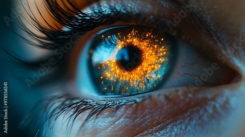 Close-up of a human eye with glowing orange particles in the iris.