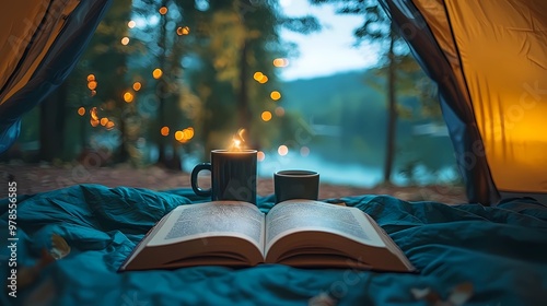 Book and coffee cup inside a tent on a camping trip 