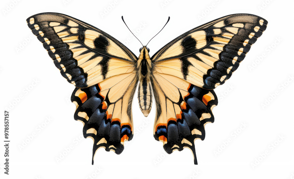 Fototapeta premium A vibrant butterfly fluttering gracefully, showcasing its stunning colors against a crisp, clean background. Natures art in motion