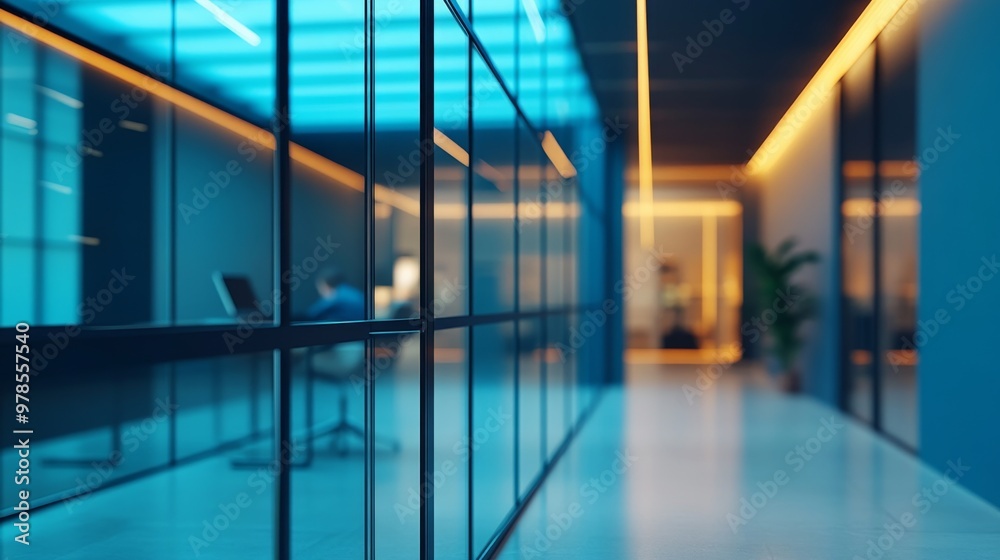 Fototapeta premium A contemporary office space highlights glass walls and warm lighting, creating a focused environment where individuals are immersed in their tasks