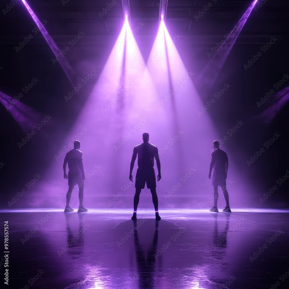 Three athletic silhouettes stand under dramatic purple lighting, exuding power and intensity in a dynamic sports setting. Three athletic silhouettes stand under dramatic purple lighting, exuding power and intensity in a dynamic sports setting.