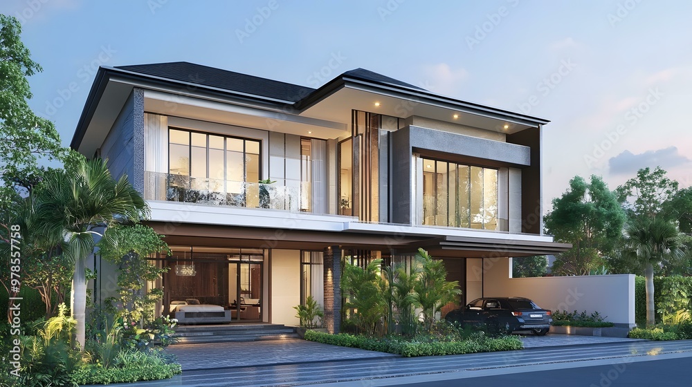 Fototapeta premium Modern House Design with Minimalist Facade and Large Windows