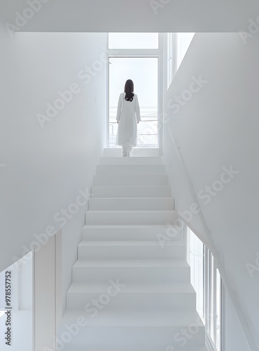 White Staircase in Modern Minimalist House with Woman in White Dress