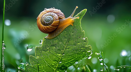 A snail clings to a dewkissed leaf, surrounded by fresh spring grass and delicate mountains in the blurred background. photo