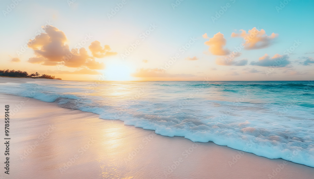 Fototapeta premium Crystal-clear turquoise waters with gentle waves lapping at a pristine beach under a golden sunset