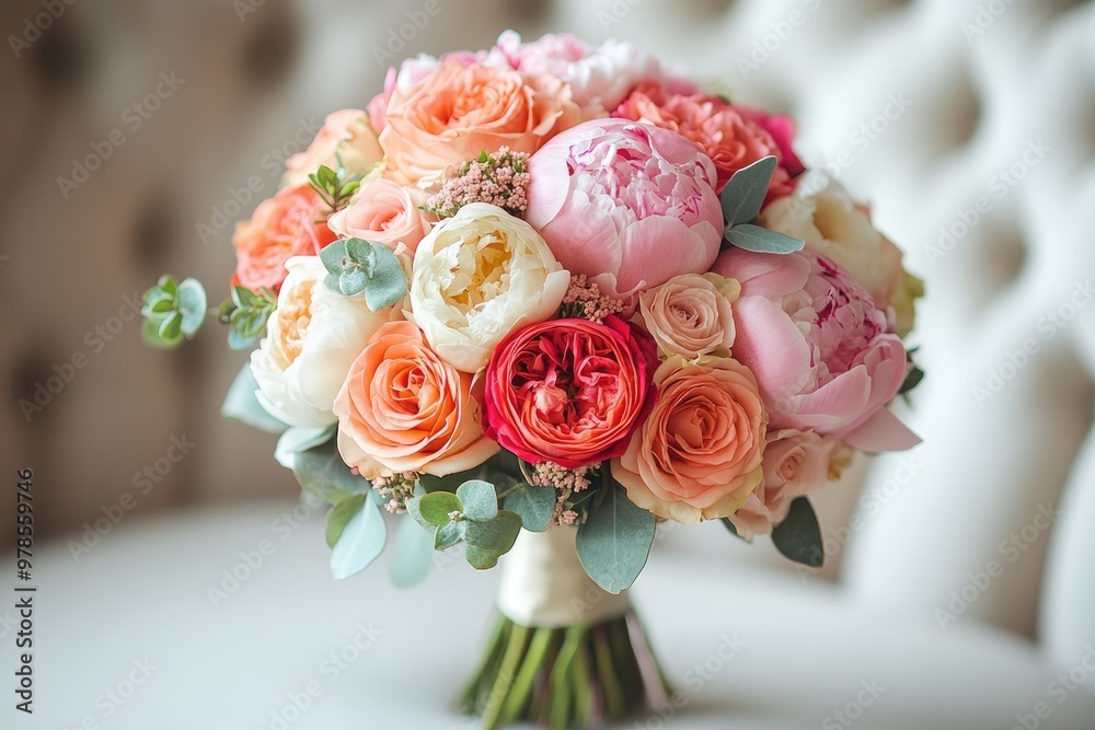 Bouquet of pink and white roses is lying on a chair Bouquet of pink and white roses is lying on a chair
