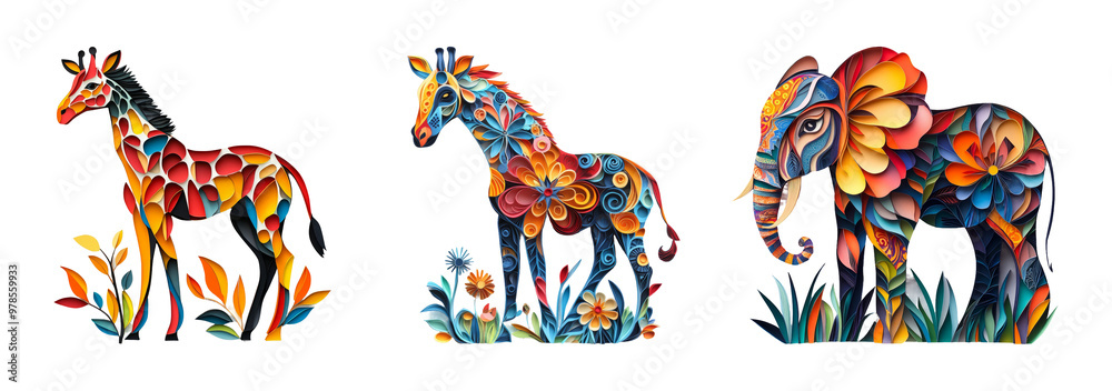 Vibrant Abstract Animal Art With Giraffe and Elephant in Floral Patterns