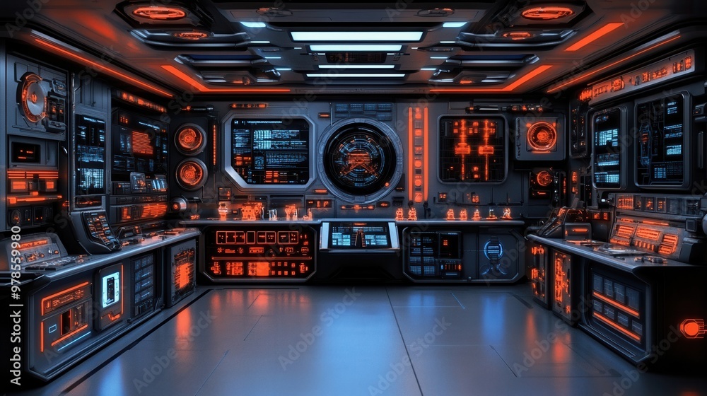 Futuristic control room with sleek, illuminated surfaces and advanced technology, offering a sci-fi ambiance for creative projects. Futuristic control room with sleek, illuminated surfaces and advanced technology, offering a sci-fi ambiance for creative projects.