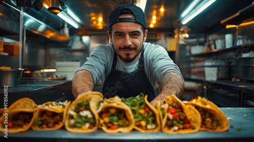 Hispanic cook holding plate of tacos in food truck photo