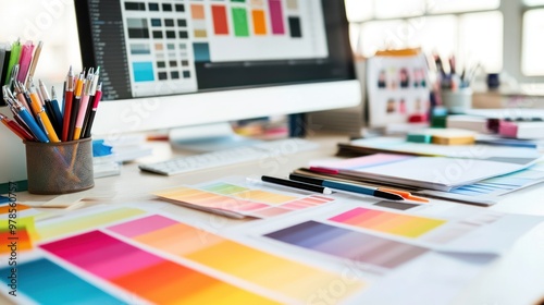 A creative workspace with color swatches, stationery, and a computer displaying design options.