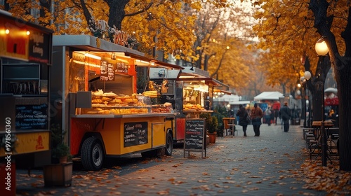 Food trucks selling street food during autumn with customers walking by