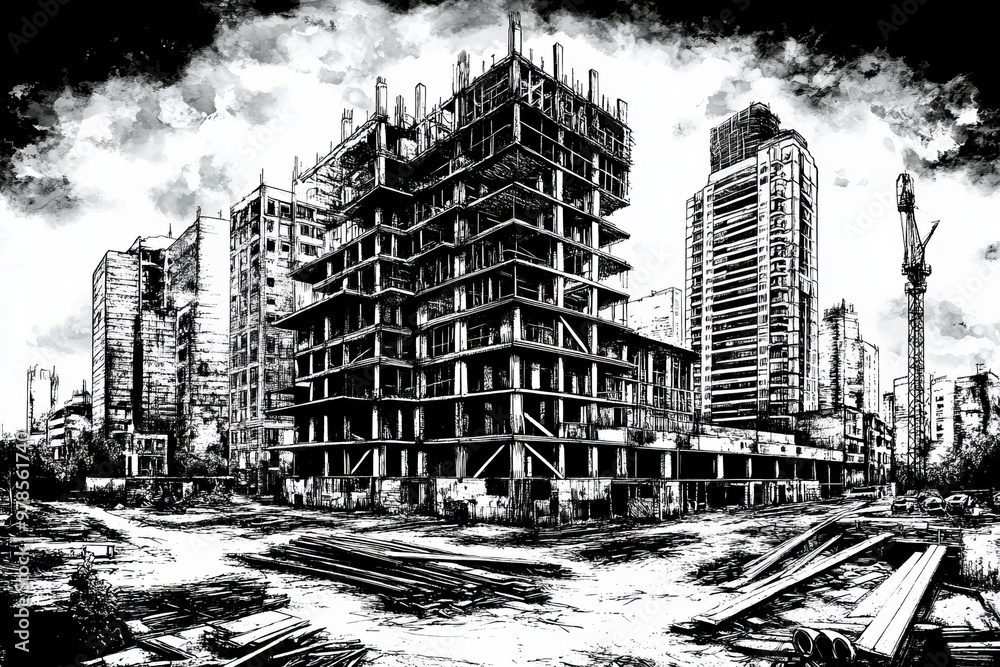 Fototapeta premium Architecture. Illustration on the theme of unusual buildings and strange structures. Stairs, windows and concrete partitions.